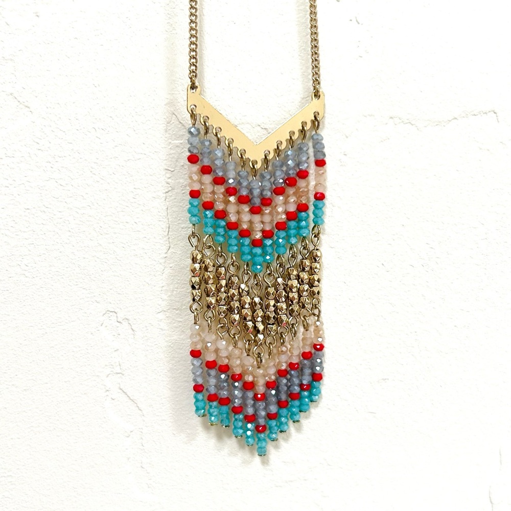 Gold Boho Long Beaded Necklace Turquoise Red